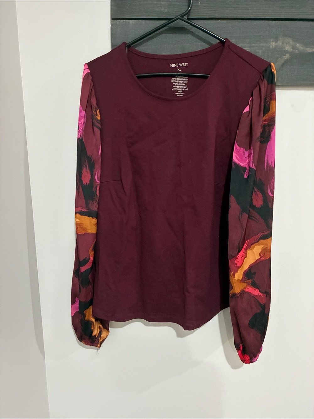 Nine West Wine Burgundy Top with Multicolor Floral Print Sleeves
